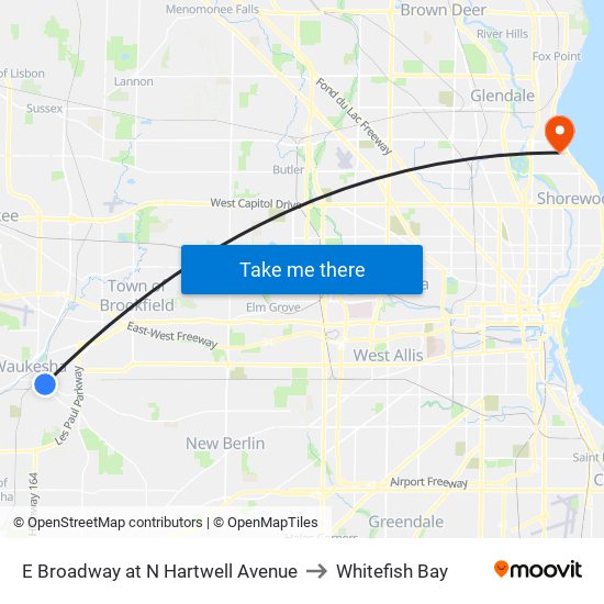 E Broadway at N Hartwell Avenue to Whitefish Bay map