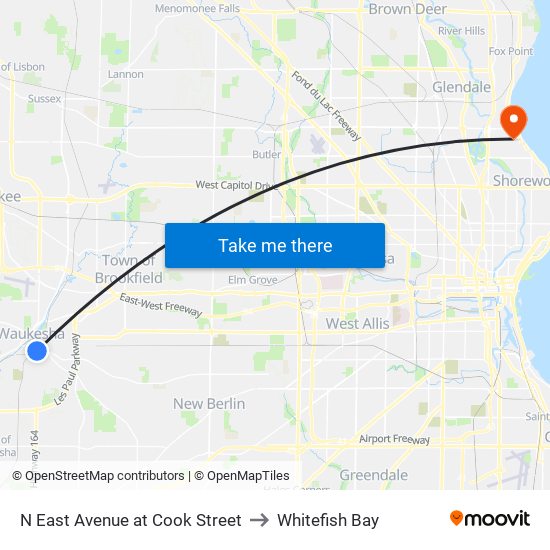 N East Avenue at Cook Street to Whitefish Bay map