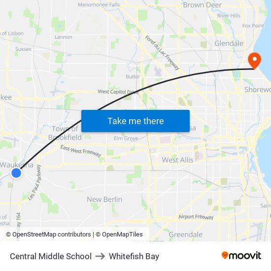 Central Middle School to Whitefish Bay map