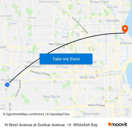 N West Avenue at Dunbar Avenue to Whitefish Bay map