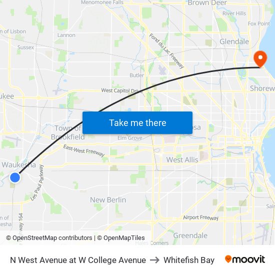 N West Avenue at W College Avenue to Whitefish Bay map