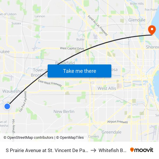 S Prairie Avenue at St. Vincent De Paul to Whitefish Bay map