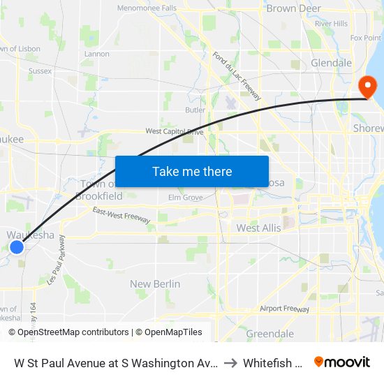 W St Paul Avenue at S Washington Avenue to Whitefish Bay map