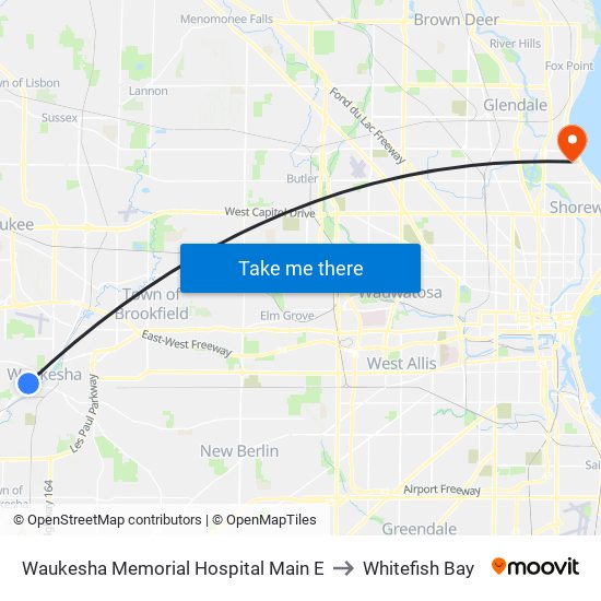 Waukesha Memorial Hospital Main E to Whitefish Bay map