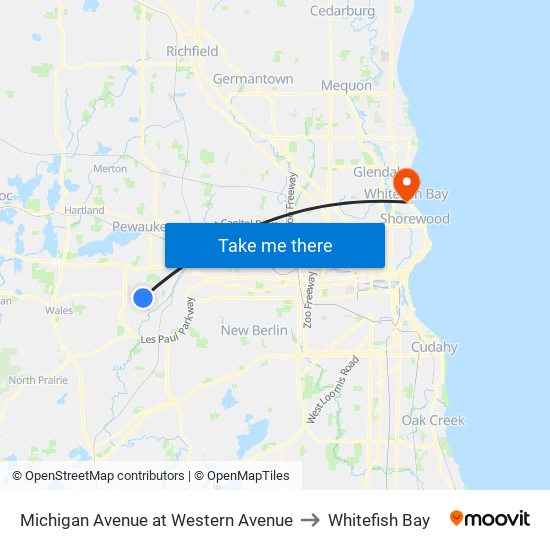 Michigan Avenue at Western Avenue to Whitefish Bay map