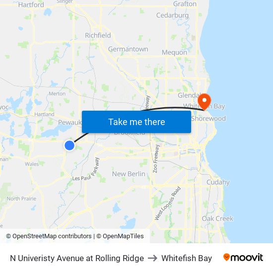 N Univeristy Avenue at Rolling Ridge to Whitefish Bay map