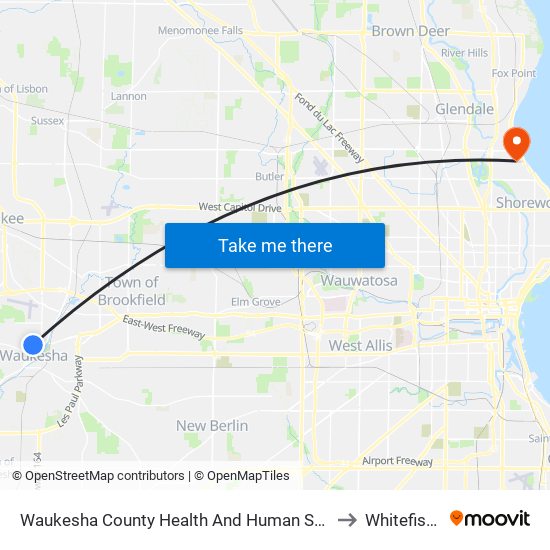 Waukesha County Health And Human Services Building to Whitefish Bay map