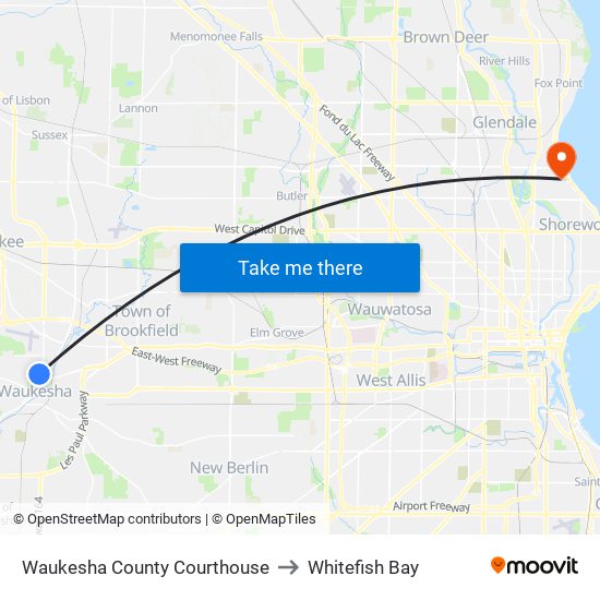 Waukesha County Courthouse to Whitefish Bay map