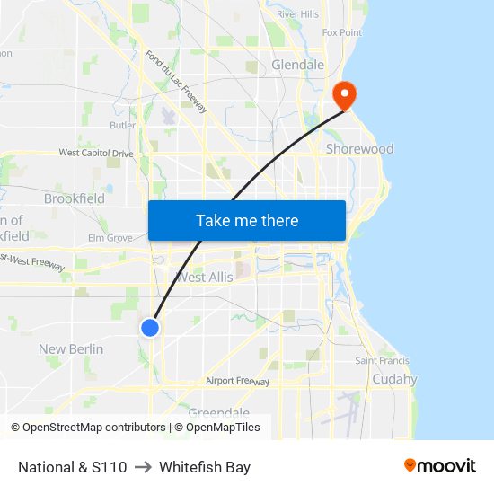 National & S110 to Whitefish Bay map