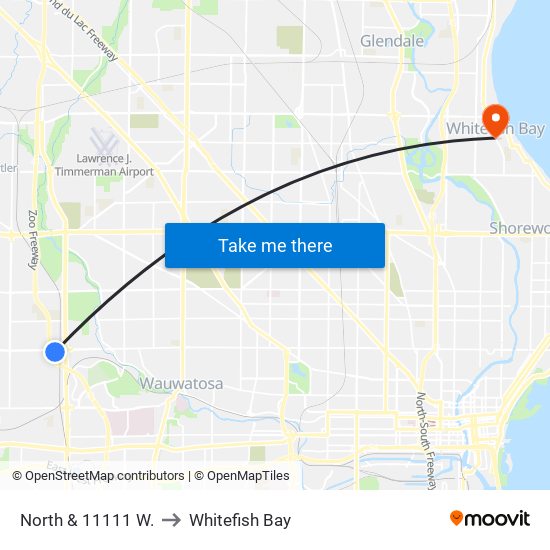 North & 11111 W. to Whitefish Bay map