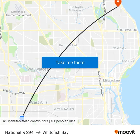 National & S94 to Whitefish Bay map
