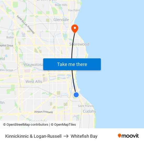 Kinnickinnic & Logan-Russell to Whitefish Bay map