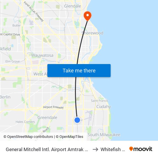 General Mitchell Intl. Airport Amtrak Station to Whitefish Bay map