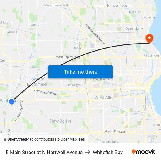 E Main Street at N Hartwell Avenue to Whitefish Bay map