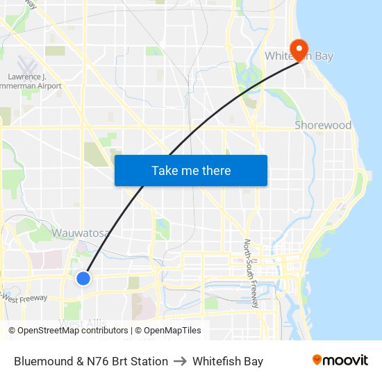 Bluemound & N76 Brt Station to Whitefish Bay map