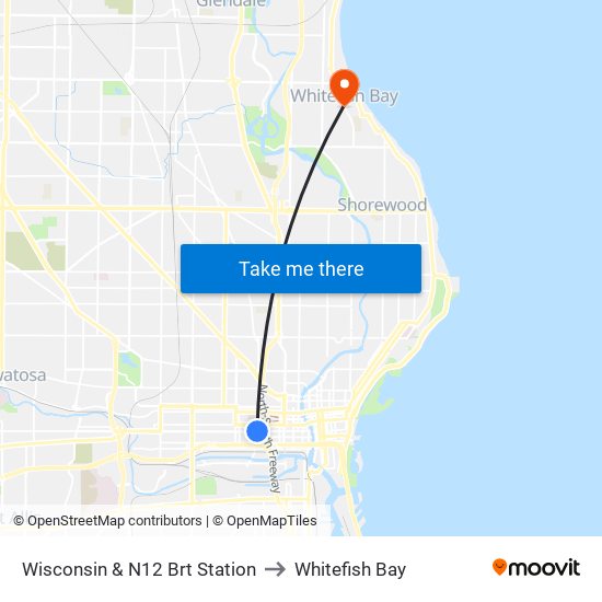 Wisconsin & N12 Brt Station to Whitefish Bay map