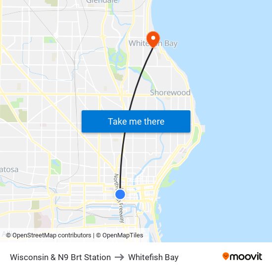 Wisconsin & N9 Brt Station to Whitefish Bay map