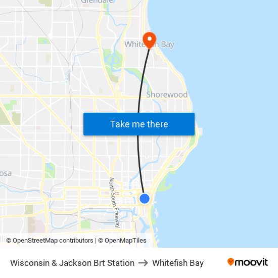 Wisconsin & Jackson Brt Station to Whitefish Bay map