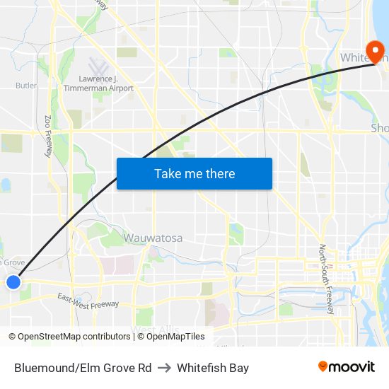 Bluemound/Elm Grove Rd to Whitefish Bay map