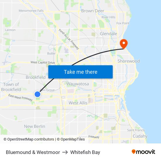 Bluemound & Westmoor to Whitefish Bay map