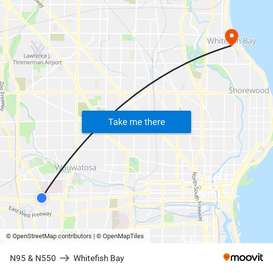 N95 & N550 to Whitefish Bay map