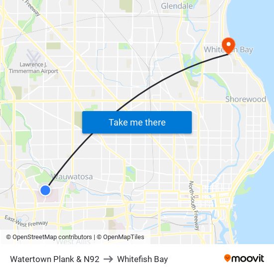 Watertown Plank & N92 to Whitefish Bay map