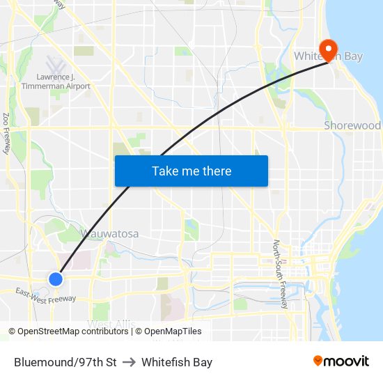 Bluemound/97th St to Whitefish Bay map