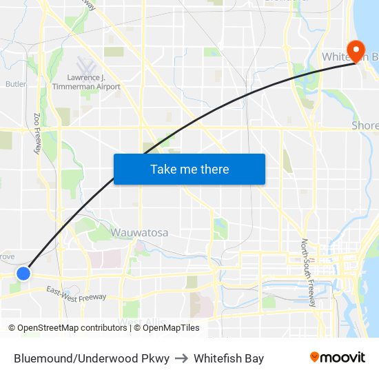 Bluemound/Underwood Pkwy to Whitefish Bay map