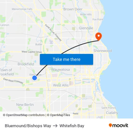 Bluemound/Bishops Way to Whitefish Bay map