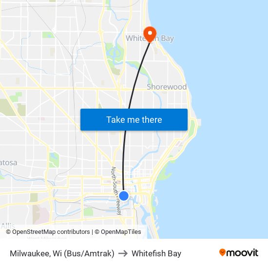 Milwaukee, Wi (Bus/Amtrak) to Whitefish Bay map