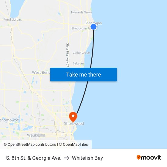 S. 8th St. & Georgia Ave. to Whitefish Bay map