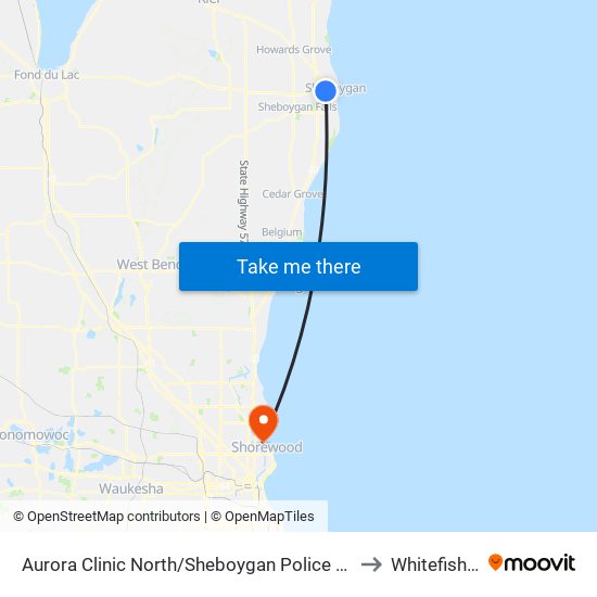 Aurora Clinic North/Sheboygan Police Department to Whitefish Bay map