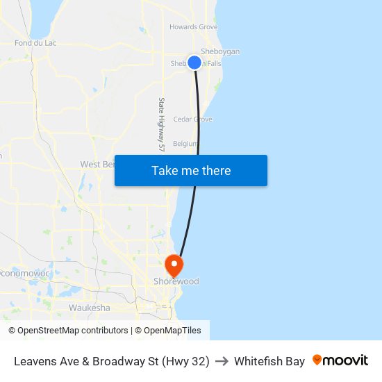 Leavens Ave & Broadway St (Hwy 32) to Whitefish Bay map