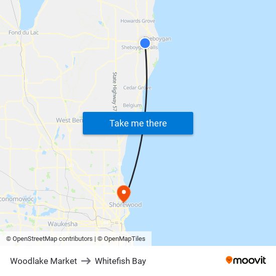 Woodlake Market to Whitefish Bay map