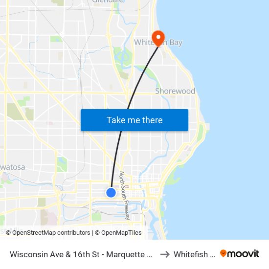 Wisconsin Ave & 16th St - Marquette University to Whitefish Bay map
