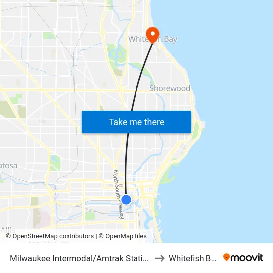 Milwaukee Intermodal/Amtrak Station to Whitefish Bay map