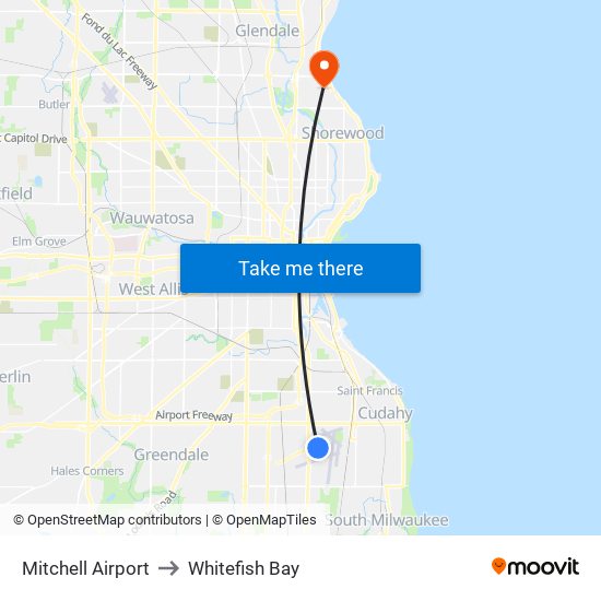 Mitchell Airport to Whitefish Bay map