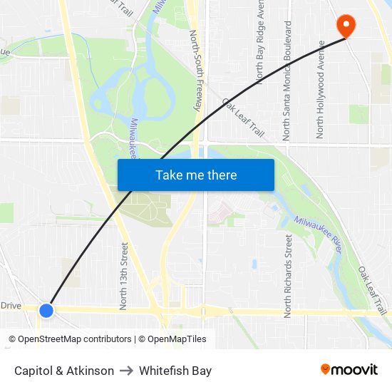 Capitol & Atkinson to Whitefish Bay map