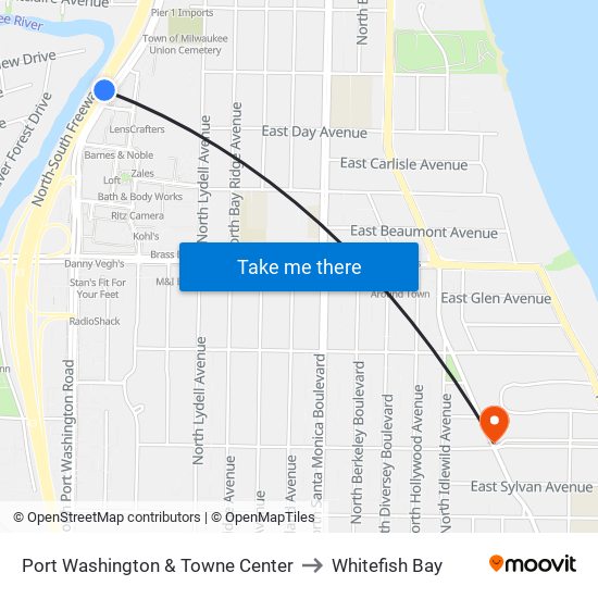 Port Washington & Towne Center to Whitefish Bay map