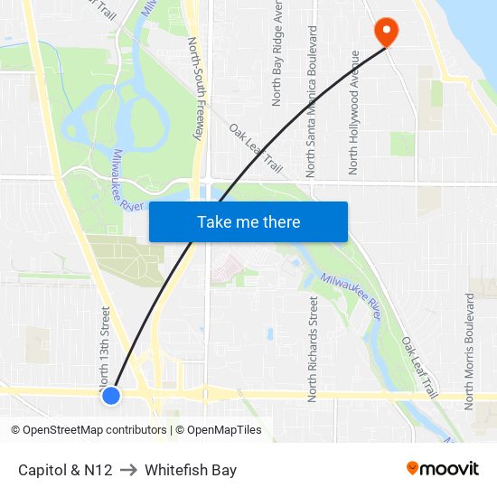 Capitol & N12 to Whitefish Bay map
