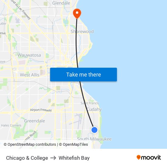 Chicago & College to Whitefish Bay map