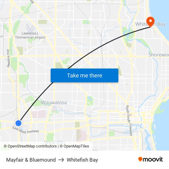 Mayfair & Bluemound to Whitefish Bay map