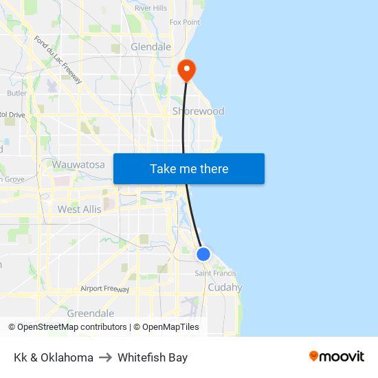 Kk & Oklahoma to Whitefish Bay map