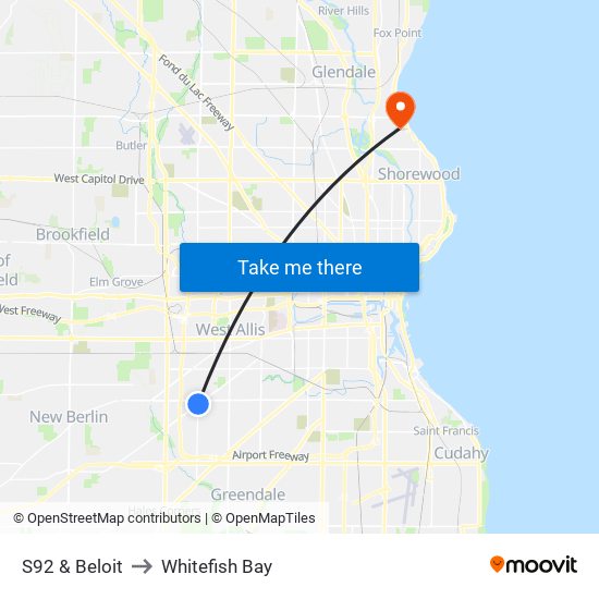 S92 & Beloit to Whitefish Bay map