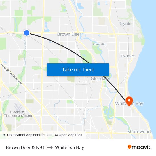 Brown Deer & N91 to Whitefish Bay map