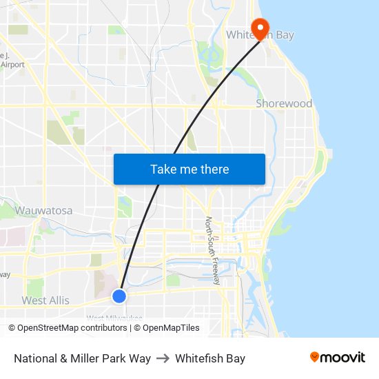 National & Miller Park Way to Whitefish Bay map