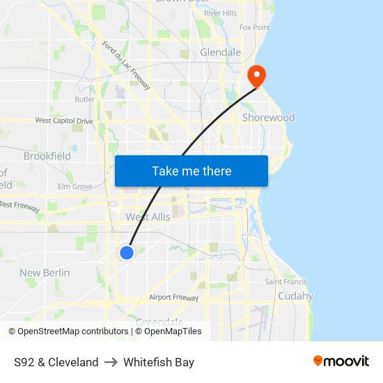 S92 & Cleveland to Whitefish Bay map