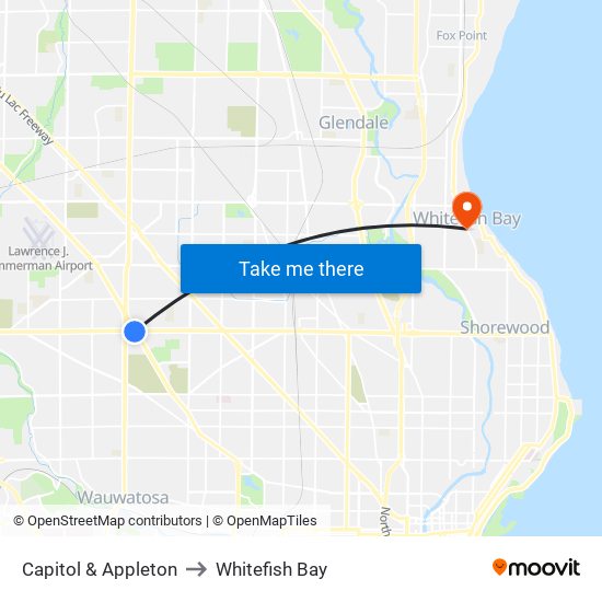 Capitol & Appleton to Whitefish Bay map