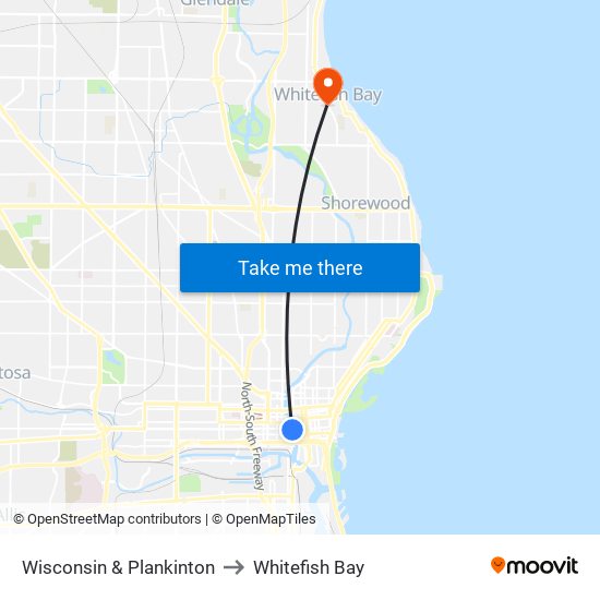 Wisconsin & Plankinton to Whitefish Bay map