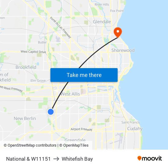 National & W11151 to Whitefish Bay map